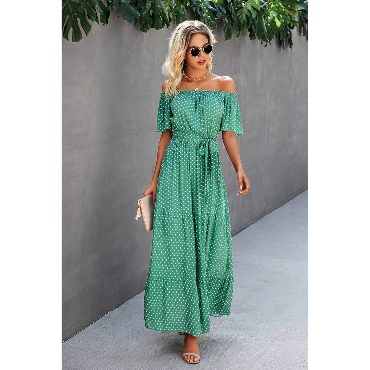 Off shoulder green polka dot maxi dress with waist tie, perfect for casual outings and vacations.