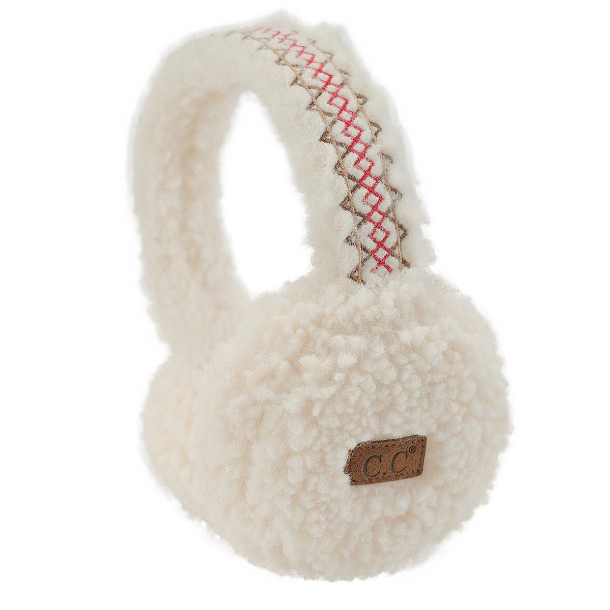 C.C. Sherpa earmuffs with embroidered band, plush white design, keeping ears warm and stylish, one size fits most, 100% polyester.