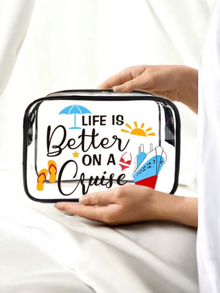 Clear plastic travel bag featuring 'Life is Better on a Cruise' with beach icons, perfect for vacation essentials.