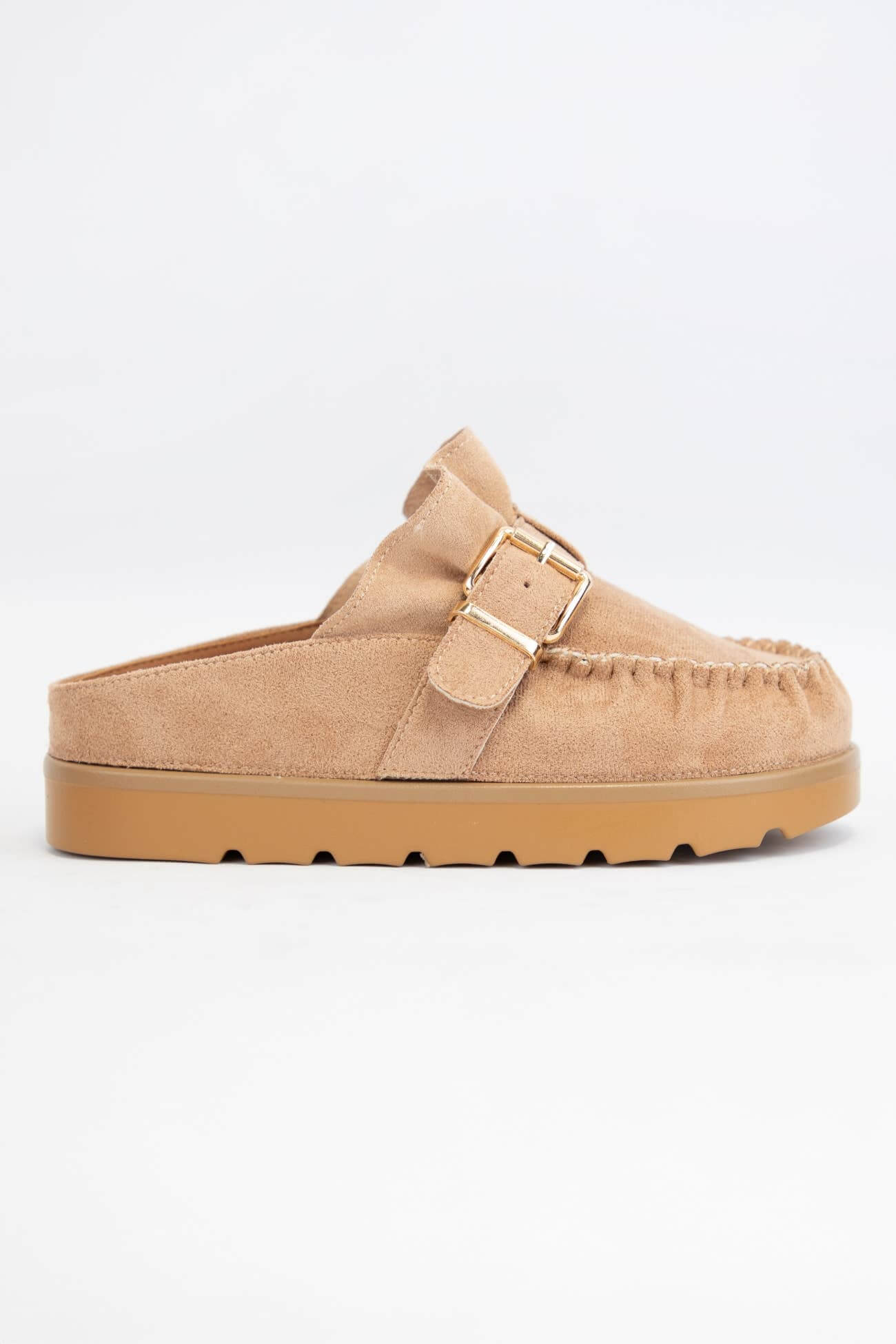 Trendy EFFY Ruffle Entrance Design Slip-On Moccasin Mule in tan with buckle strap and ruffled details.
