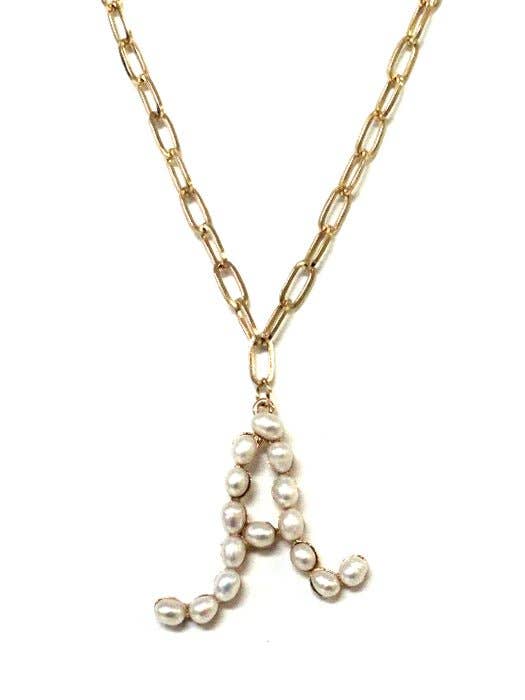 Gold-tone chain necklace with letter 'A' monogram crafted from freshwater pearls, by Avenue Zoe.