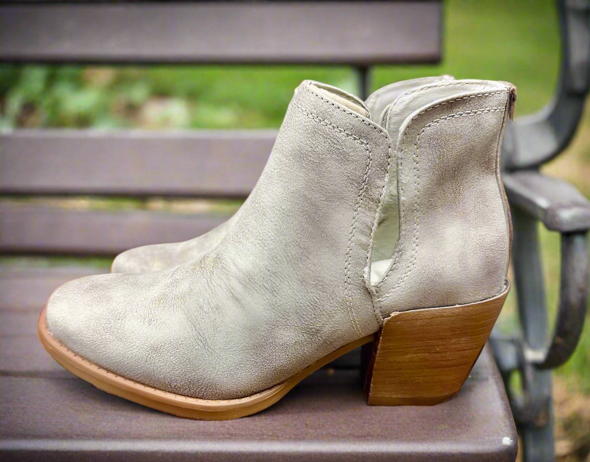 REAGAN ANKLE BOOTS IN CREAM by: Very G by Very G $39.00 Fall head-over-heels for these Reagan boots in creamy gray! Built with a leather look and an almond-inspired toe, these ankle beauties are ideal for any look. Stylish and comfortable with a 2.5" heel