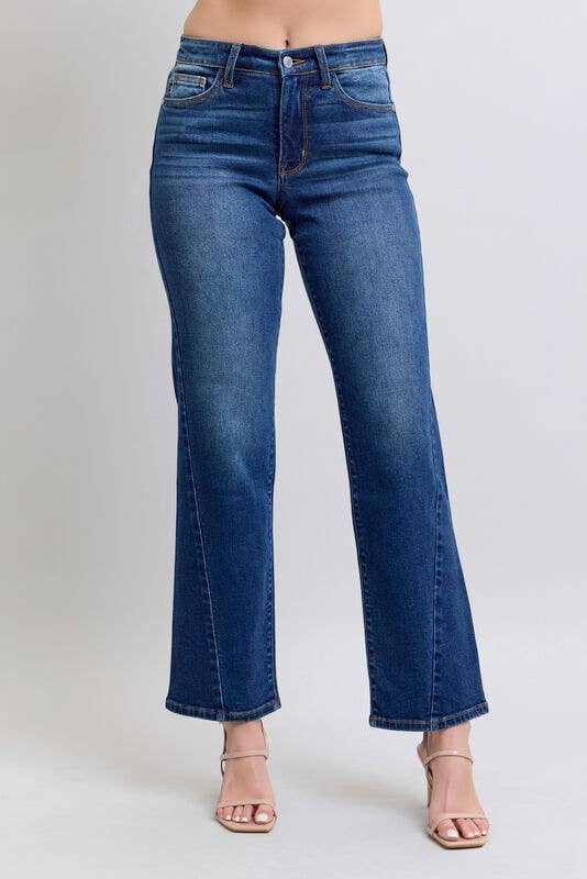 JUDY BLUE - NOELLE JEANS in deep dark wash denim featuring a high-rise fit and wide leg straight cut for a chic look.