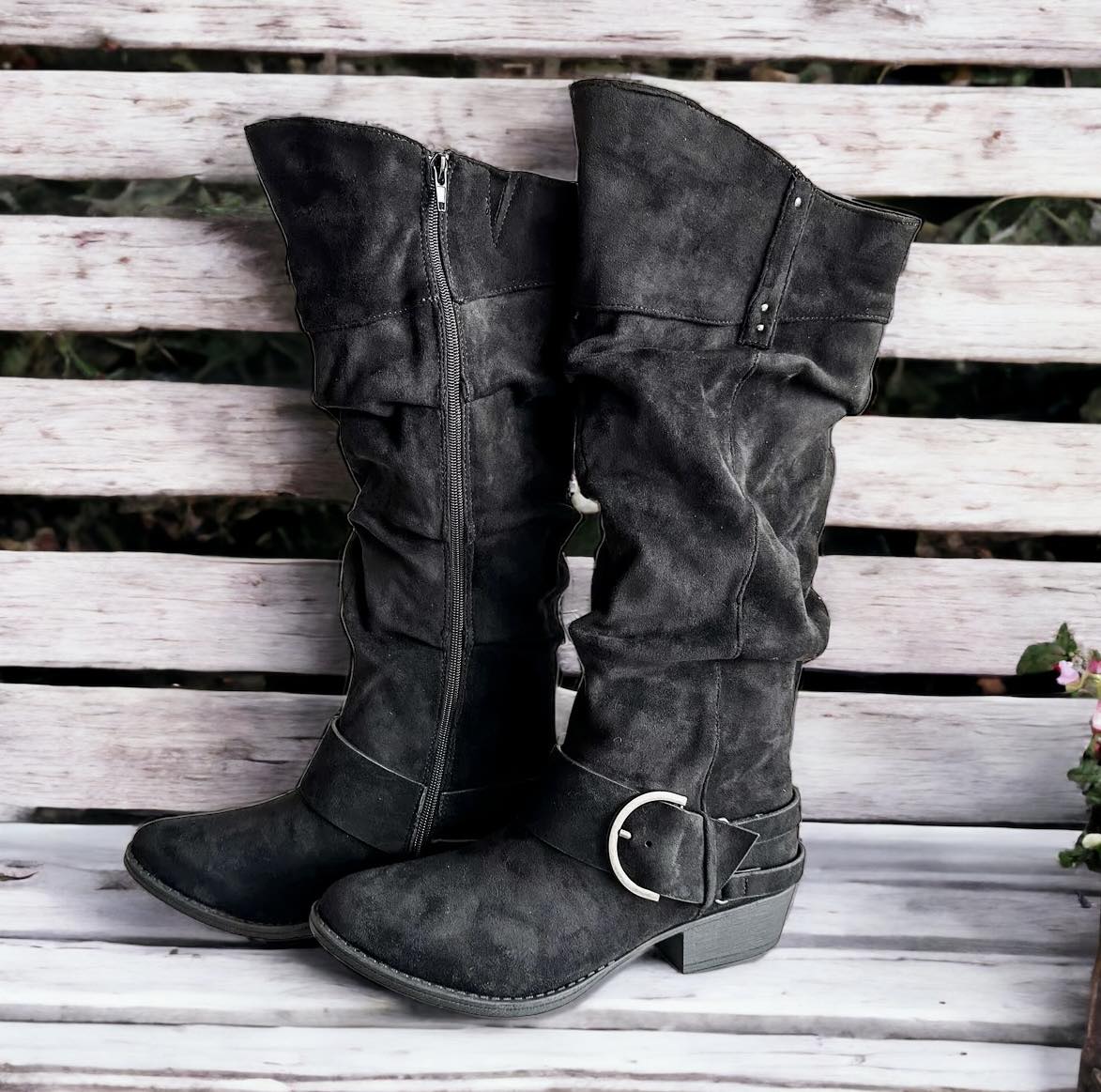 BLITZ BOOTS in Black By Very G by Very G $44.00 Strut in style with Very G's Women's Blitz Boot in stunning black! Enjoy comfy cushioning while you turn heads with every move. Don this sleek suede-esque stunner with the glossy silver buckle for an eye-cat