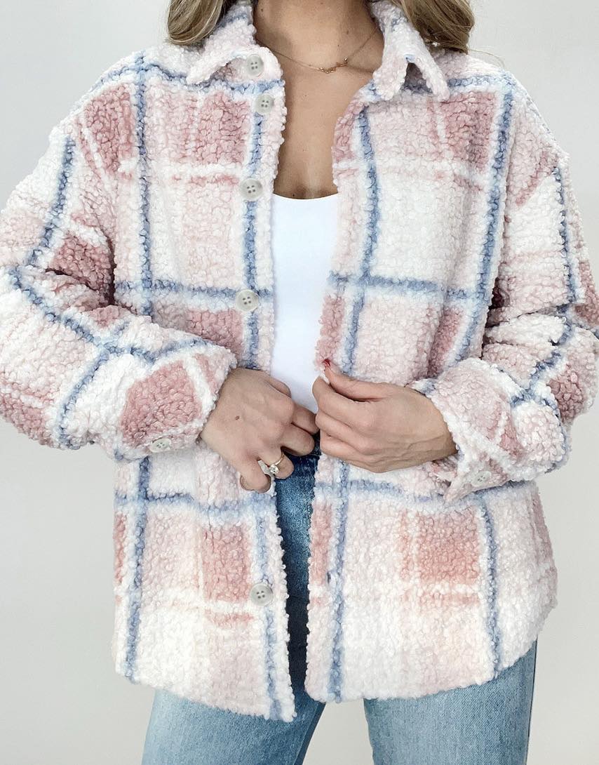 Cozy Time Sherpa Shacket in pink and white plaid, plush button-up design for ultimate comfort and style.