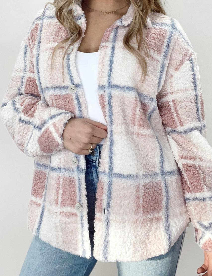 Cozy Time Sherpa shacket in pink plaid, featuring button-up design and soft plush texture for ultimate comfort.