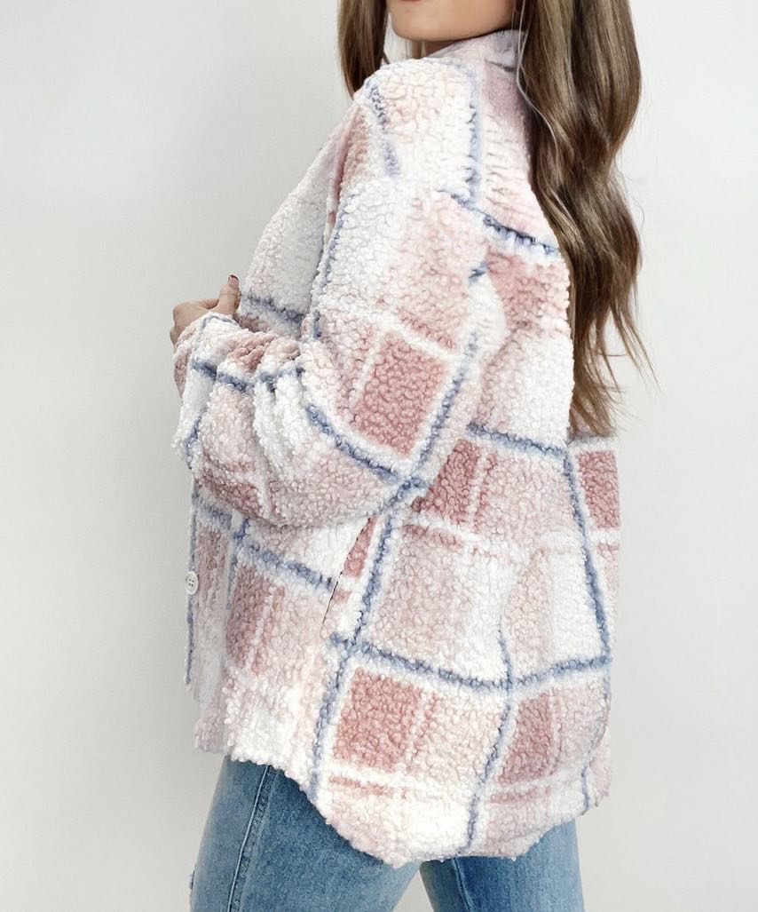 Cozy Time sherpa shacket in soft plaid design, perfect for comfort and style during chilly weather.