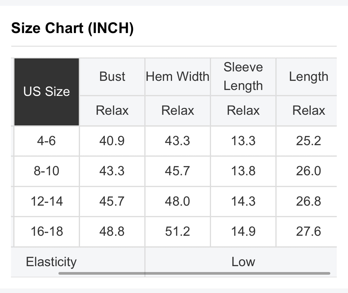 Size chart for RASPBERRY RUSH TOP showing US sizes and measurements in inches.