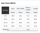 Size chart for RASPBERRY RUSH TOP showing US sizes and measurements in inches.