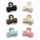 DAILY DARLING BOW HAIR CLIP (6 colors) displayed in black, brown, beige, blue, pink, and cream for stylish everyday wear.