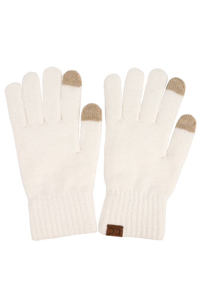 C.C. winter gloves in cream, soft heather knit for warmth and comfort, featuring touchscreen-friendly fingertips.