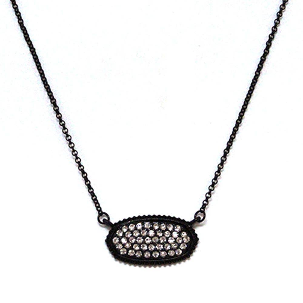 Oval druzy pendant necklace with sparkling textured stone on black chain, ideal for elegant and casual occasions.