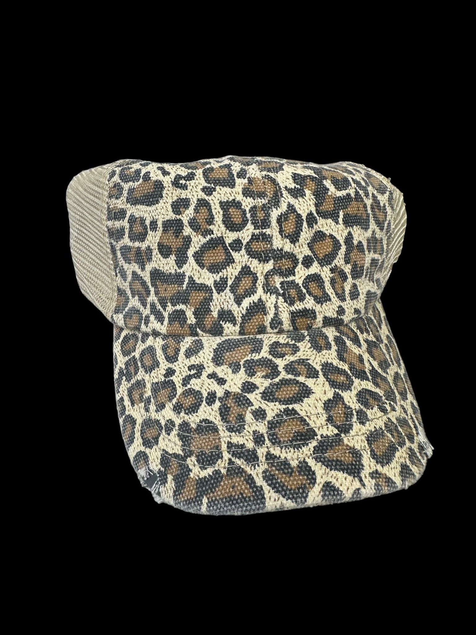 Leopard print trucker hat with distressed twill design and adjustable mesh back, stylish and comfy.