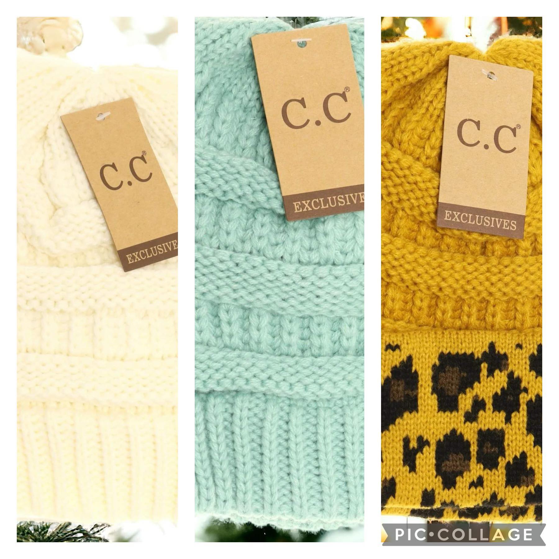 Classic C.C beanie hats in cream, mint, and leopard print; warm and stylish winter accessories.
