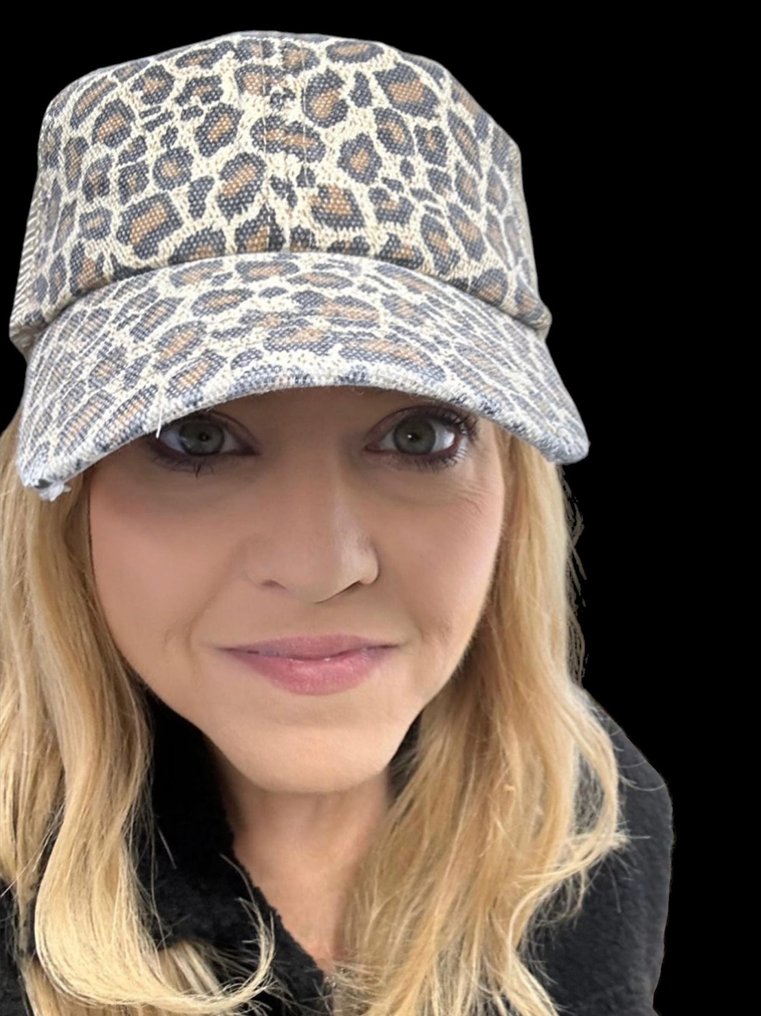 Stylish leopard print trucker hat on a model, showcasing comfort and trendy animal print design.