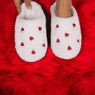 FUZZY HEARTS - Slippers White and Red by Teal Tiger Boutique $8.00 Super soft and comfy heart slippers! Great for valentines day or all year long. White with small red hearts. Teal Tiger Boutique