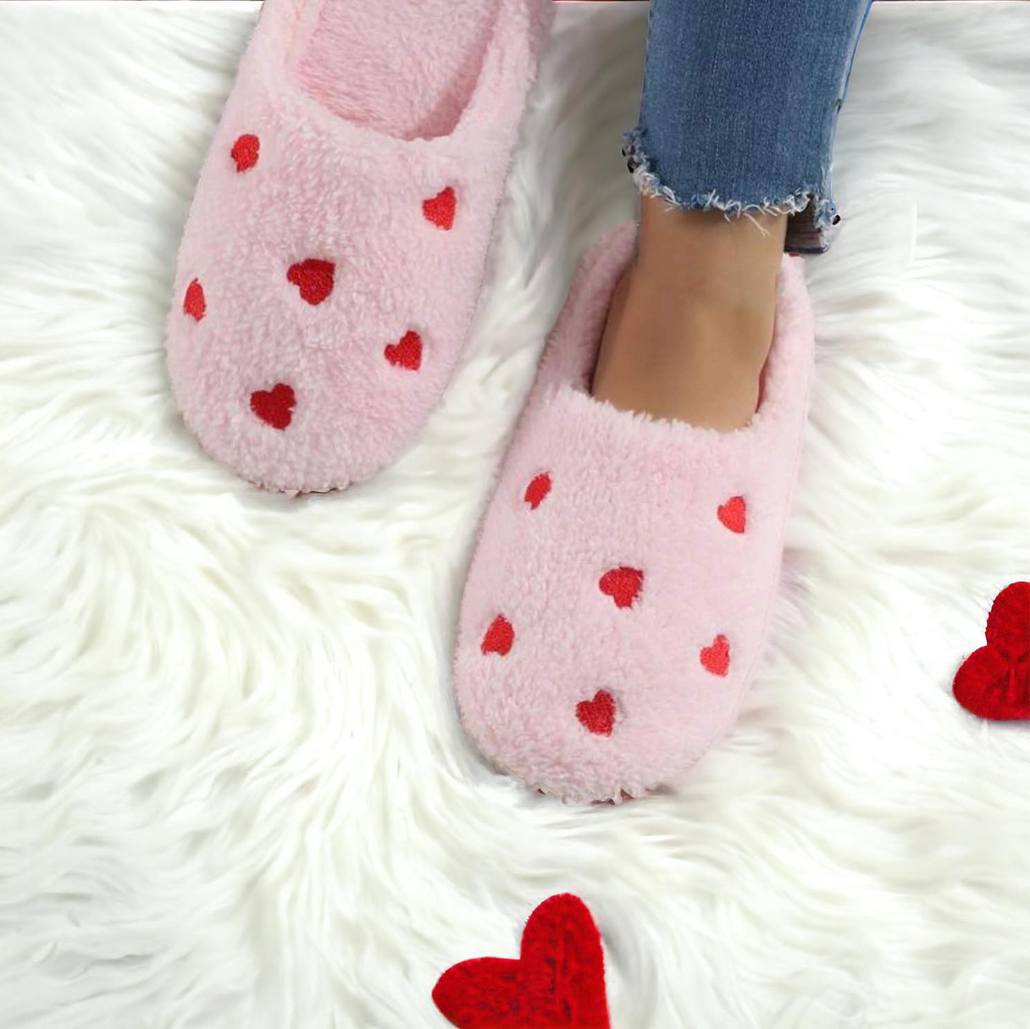 FUZZY HEARTS Slippers Pink and Red by Teal Tiger Boutique $8.00 Super soft and comfy heart slippers! Great for valentines day or all year long. Pink with small red hearts or white with small red hearts Teal Tiger Boutique