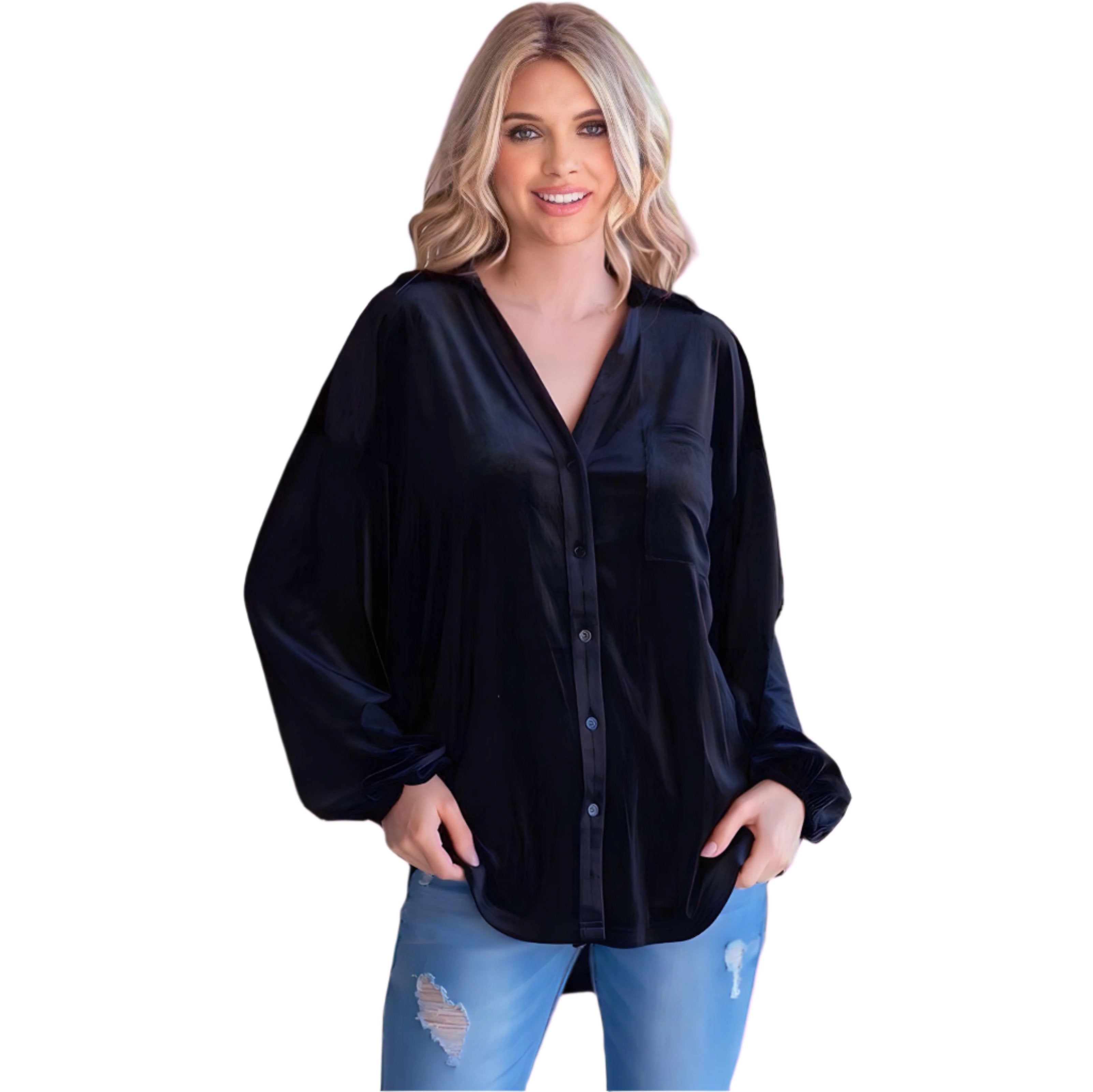 DAYDREAMS Black Velvet Plus Size Top by Jodifl by JODIFL $20.00 Crafted with utmost care and expertise, the DAYDREAMS Black Velvet Plus Size Top by Jodifl boasts a stunningly soft and plush texture. In a mesmerizing jett black hue, this button down top is