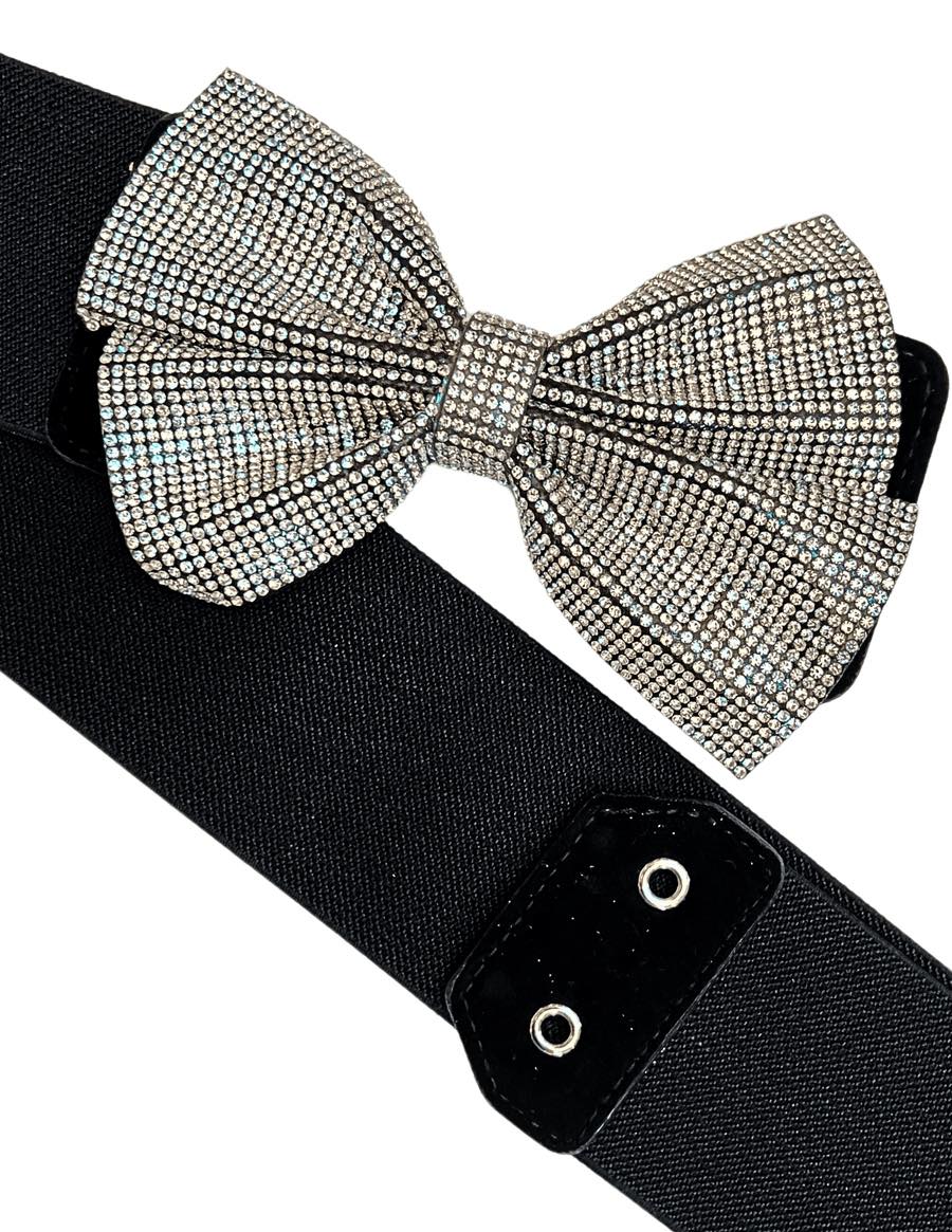 Sparkly rhinestone bow on a black elastic belt, perfect for adding style to any outfit.