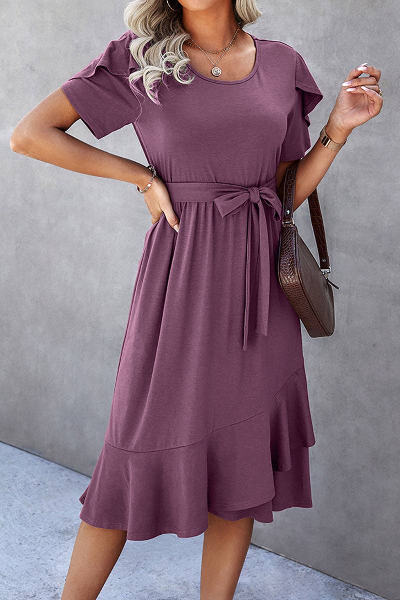 Purple Reign Midi Dress with petal sleeves, ruffle trim, and belted waist, perfect for casual outings.