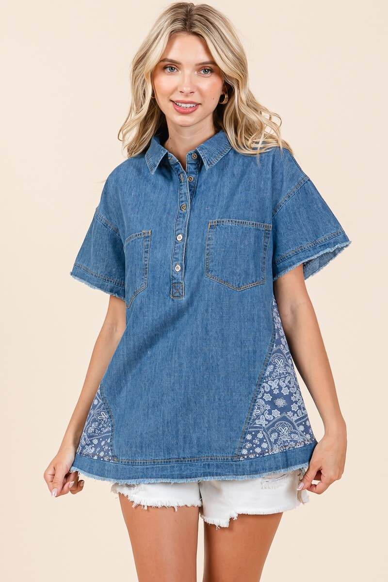 DELIGHTFUL DENIM TOP - Style & Comfort Blouse by Easel $34.00 Shop our DELIGHTFUL DENIM TOP by Easel. Trendy boutique blouse with patchwork, frayed hem, and pockets. Ultimate comfort and style! Teal Tiger Boutique