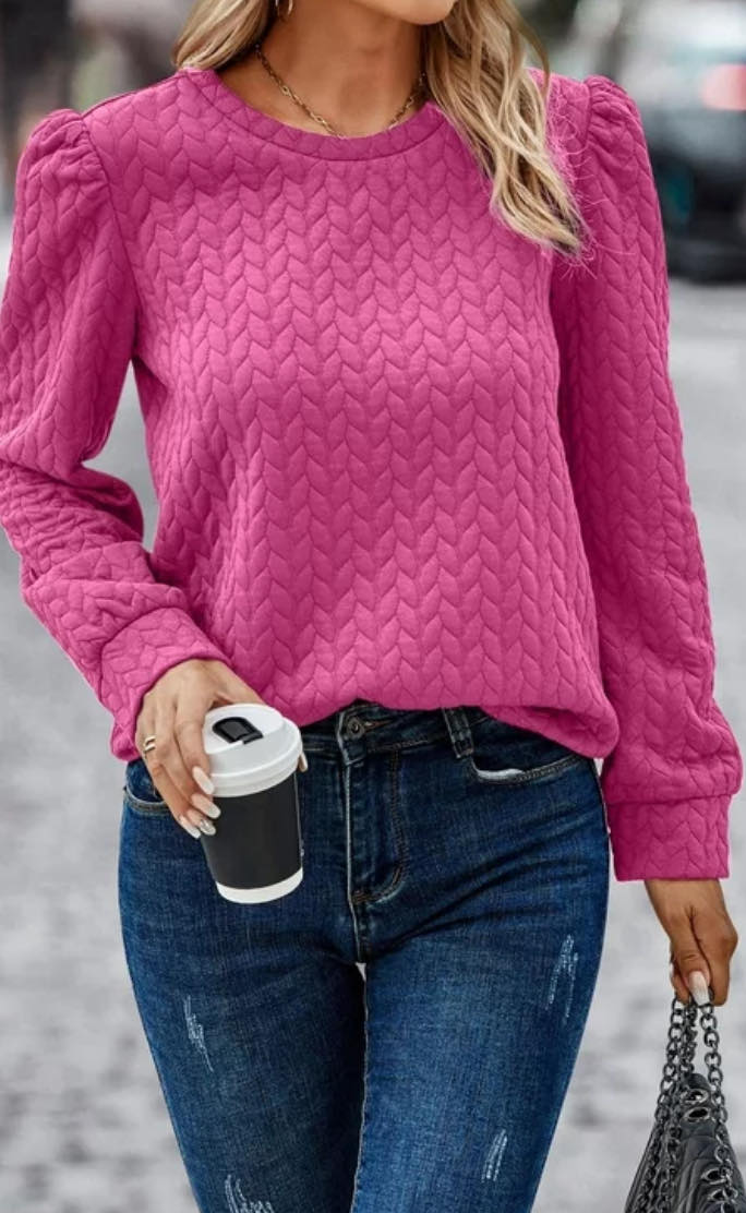 FEELING HAPPY Top - Raspberry Rose by Little Daisy Closet $18.00 Looking for a top that will leave you Feeling Happy all day long? Look no further than this Raspberry Rose textured cable knit top, with a quilted look. The puff sleeves add a touch of playf