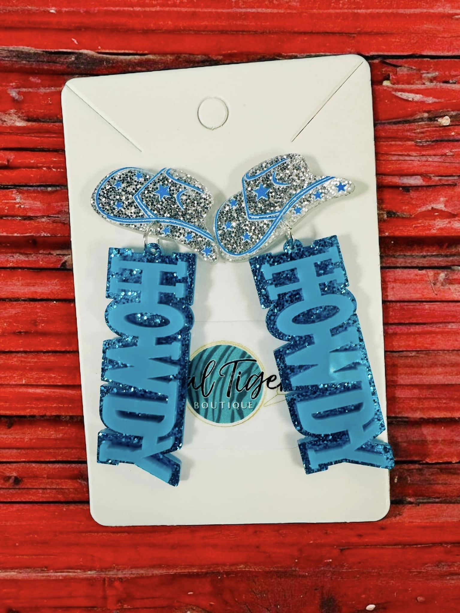 Sparkling blue HOWDY earrings with cowboy hat, perfect for western-themed events and stylish accessories.