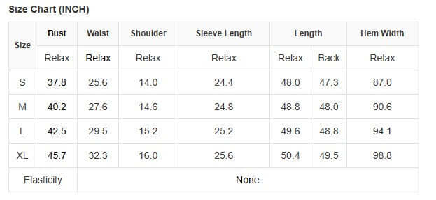 Size chart for PERFECT POISE DRESS showing measurements for S, M, L, and XL in inches.