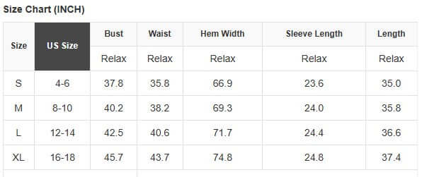 Size chart for women’s dresses including bust, waist, hem width, sleeve length, and overall length measurements.