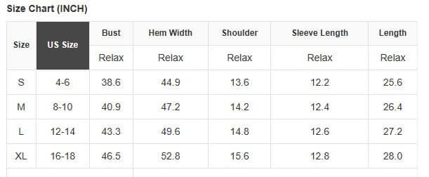 Size chart for Tide and Treasure Blouse, detailing measurements for S, M, L, and XL sizes.