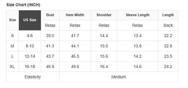 Size chart for Sun Dance top, including measurements for S, M, L, XL sizes in inches.