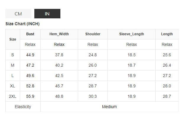 "Size chart for women's top with measurements in inches for sizes S to 2XL, showing bust, hem width, shoulder, sleeve length, and length."