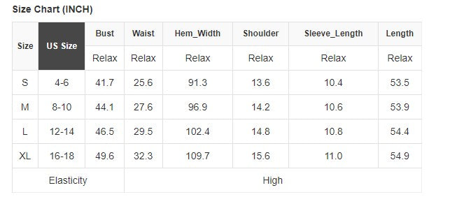 Size chart in inches for Elegant Emerald Maxi dress detailing bust, waist, hem width, shoulder, sleeve length, and overall length.