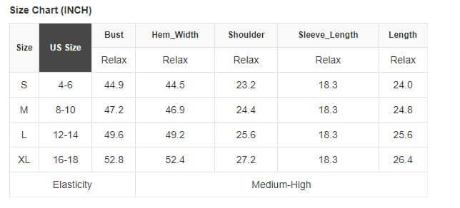 Size chart for top, showing measurements in inches including bust, hem width, shoulder, sleeve length, and length for sizes S-XL.