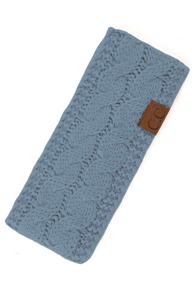 C.C Sherpa Lined Cable Knit Headband in blue, featuring soft acrylic fabric and chic design, available in 6 colors.