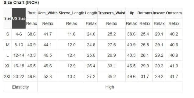 Size chart for Christmas Tree Parade PJs in US sizes S to 2XL, showing various measurements in inches for a relaxed fit.