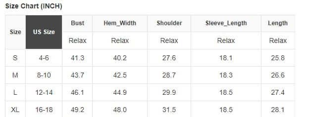 Size chart in inches for GOING MY WAY TOP showing bust, hem width, shoulder, sleeve length, and overall length from S to XL.