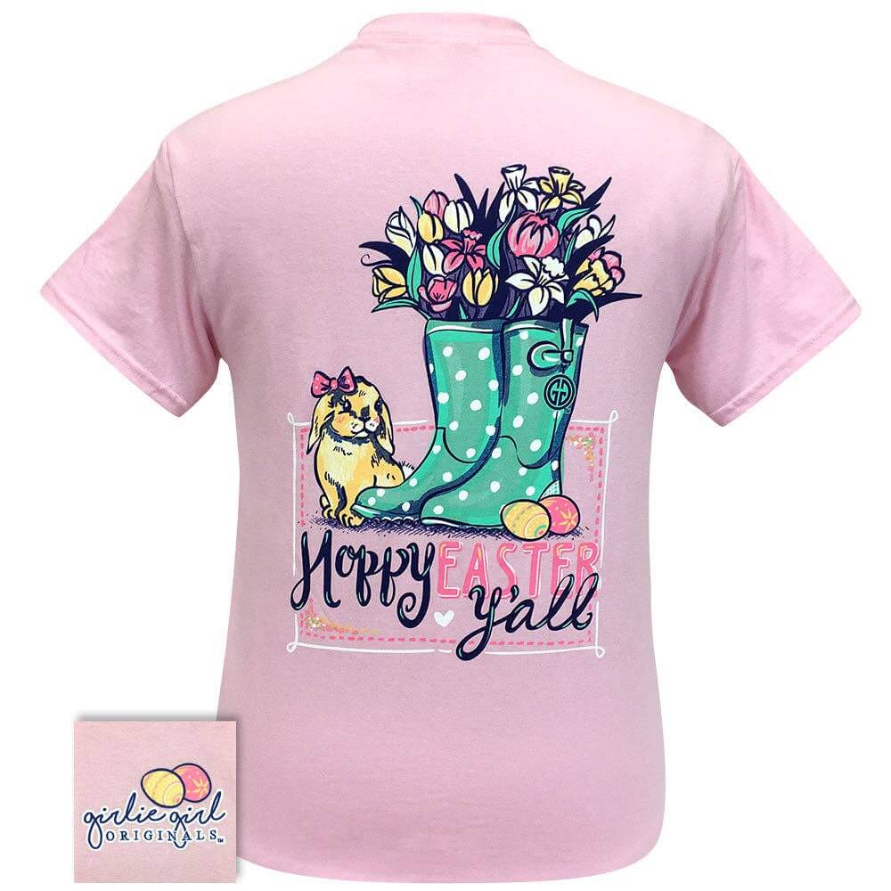 HOPPY EASTER YALL TEE- Girlie Girl Originals with floral design and cute dog on a pink t-shirt.