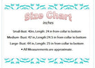 Size chart for clothing with bust and length measurements for small, medium, and large sizes.