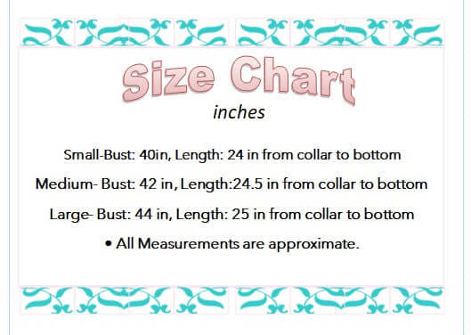 Size chart for clothing with bust and length measurements for small, medium, and large sizes.