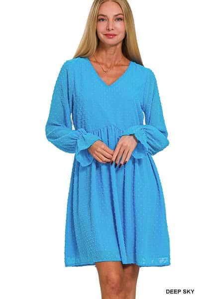 Darling Dots dress by Zenana in Deep Sky blue, featuring long sleeves, Swiss dot pattern, and flattering v-neck.