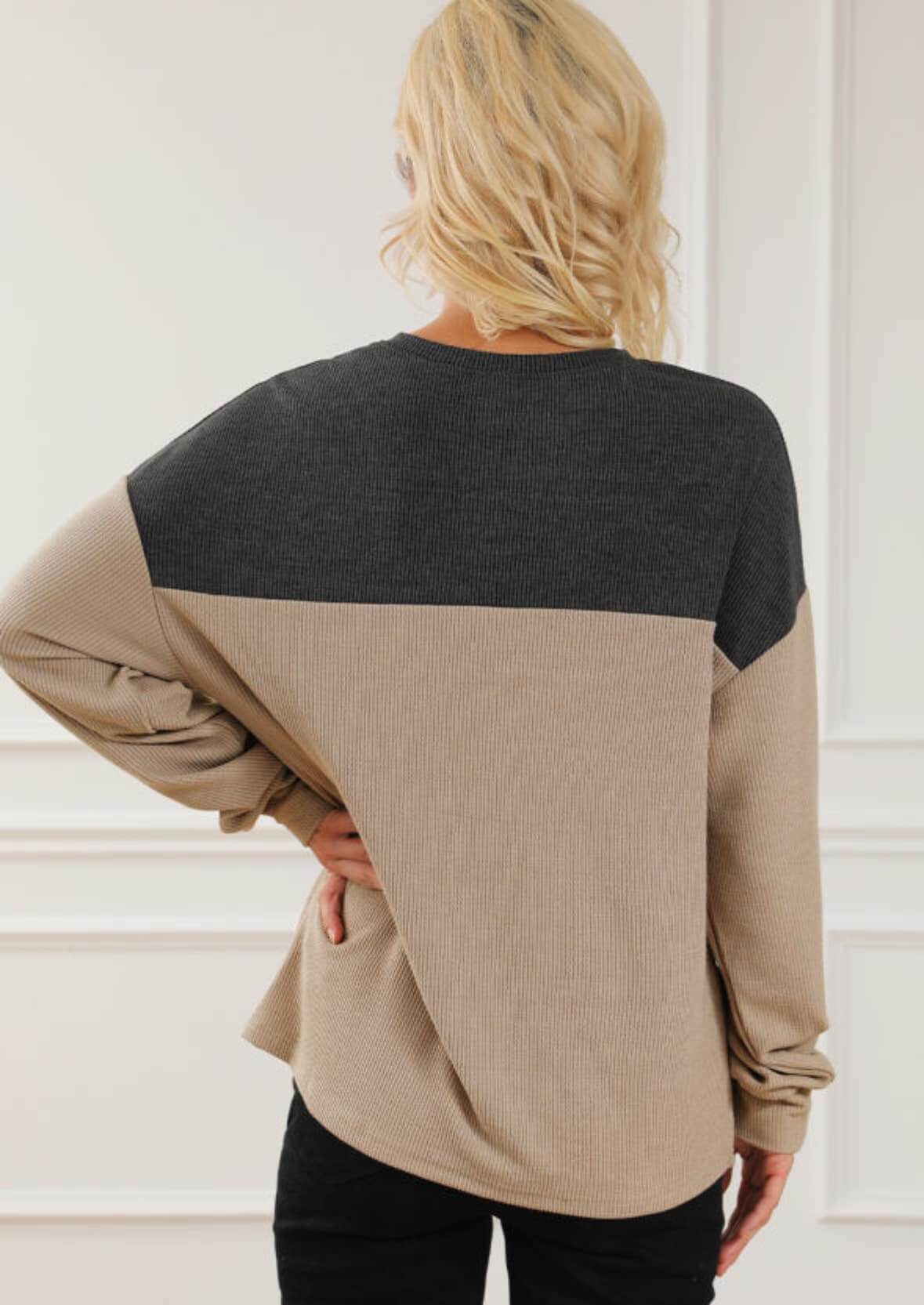 Stylish Down to Earth Top showcasing a unique notched neck design and contrasting colors from the back view.