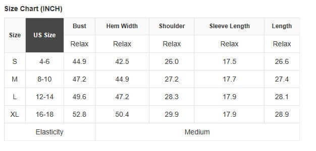 Size chart for casual tops showing measurements for S, M, L, and XL in inches for a comfortable fit.