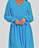 Darling Dots Dress by Zenana in Deep Sky blue with long sleeves and v-neck, featuring a charming Swiss dot design.