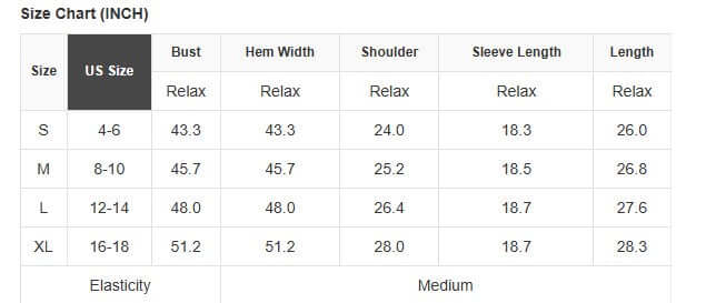 Size chart for Radiant Lace Boho Top showing measurements for S, M, L, XL in inches.