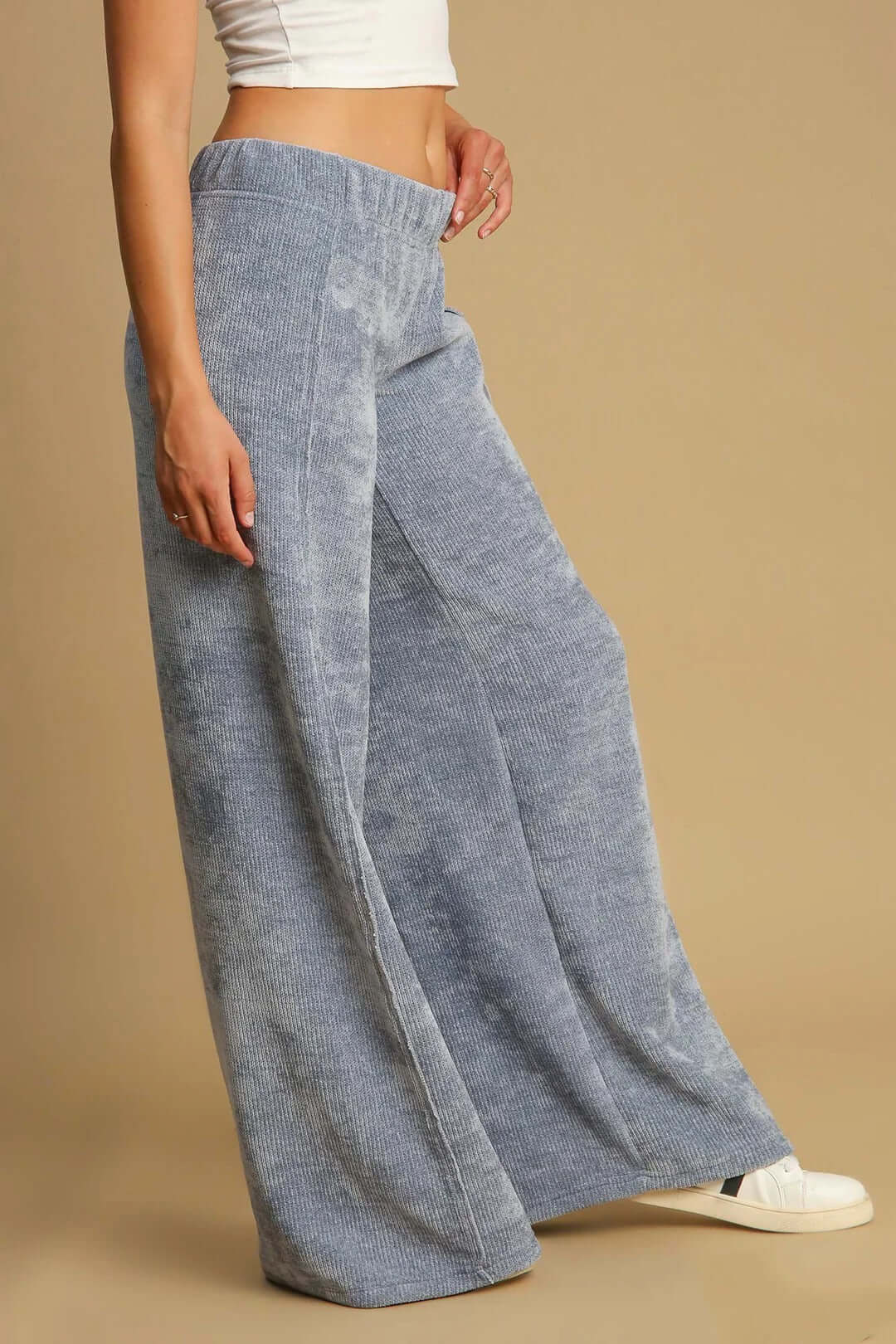 Blue Mist Chenille Pants with wide legs and elastic waist, perfect for a stylish and comfortable look.