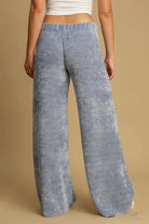 Back view of Blue Mist Chenille Pants showcasing wide legs and elastic waistband for a stylish, comfortable fit.