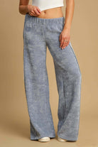 Blue Mist Chenille Pants with elastic waist and wide legs, showcasing a stylish and comfortable look.