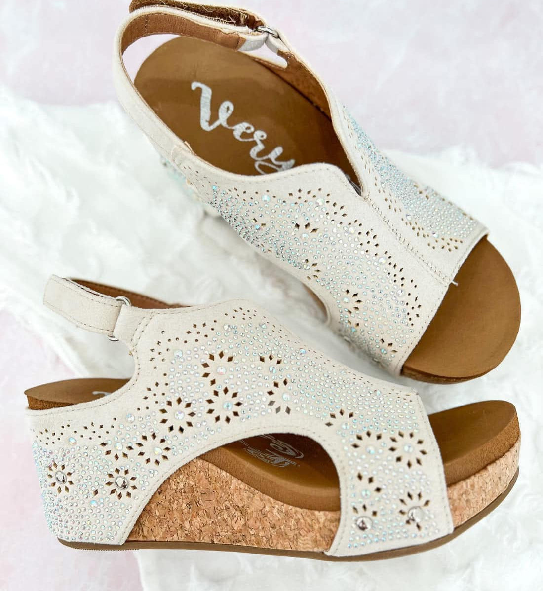 Very G Starry Nights Wedge in white, featuring laser cut detail and studded accents on cushioned cork wedge.
