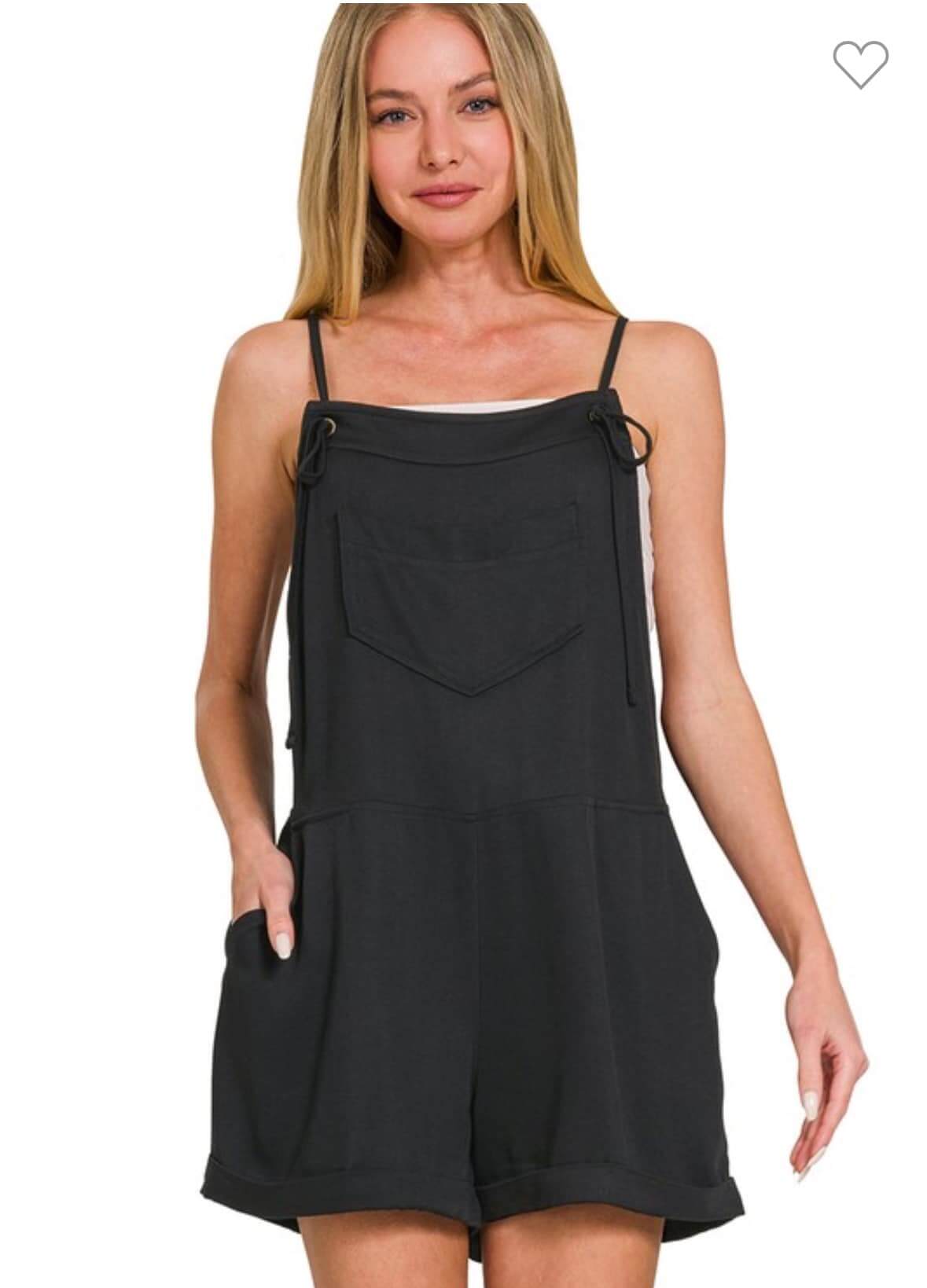 ZENANA Tell Me Romper in black with tie knot straps and chest pocket, perfect for chic, comfortable style.